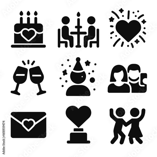 Relationship Celebration Icons. Solid, filled icon set of relationship celebrations: anniversary cake, candlelight dinner,
