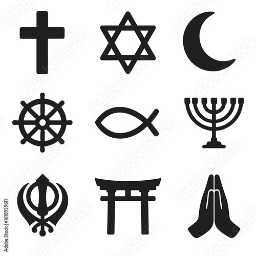 Religious Symbols Grid. Solid, filled icons set of religious and spiritual symbols: cross, star of David,