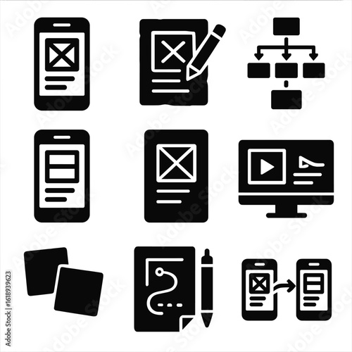 Wireframe Icon Set. Solid, filled icon set of wireframing and prototyping: mobile wireframe, hand-drawn screen, UX flowchart,