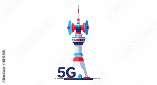 Modern 5G technology concept displaying cellular tower with futuristic design against white background. 5G connection symbolizes a new generation wireless technology,