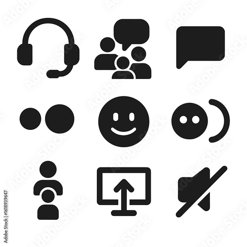 Remote Communication Icons. Solid, filled icons set of remote team communication tools: headset, group chat