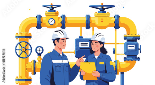 Team discussing gas supply pipeline system in blue and yellow work uniform and wearing helmets, while holding clipboard. Gas supply inspection checks pressure gauges and control panels.