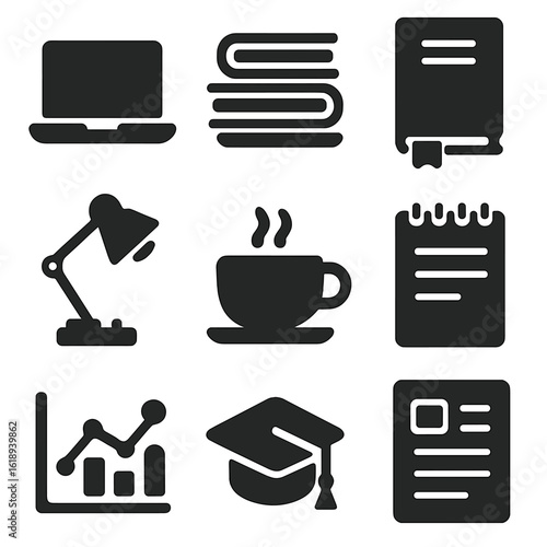 Research Icons Grid. Solid, filled icons set of research students working on thesis projects: open laptop,