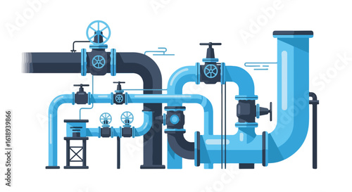 Complex gas supply pipelines in black and blue on clean white backdrop. Gas supply network shows valves, industrial pipes, and supporting structures, symbolizing industrial precision.