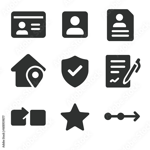 Residency Process Icons. Solid, filled icons set of permanent residency process: green card, ID photo,