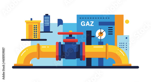 Industrial gas supply installation includes yellow pipelines and blue valve with gauge system, vital infrastructure for modern city life.