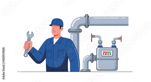 Gas supply illustration showcasing a professional plumber ready with wrench and pipes. Gas supply demands expert maintenance, with checks of meter and pipeline.