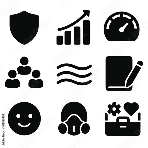 Resilience Icon Set. Solid, filled icons set of resilience and coping: shield icon, growth chart, stress meter