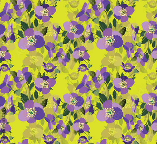 Vector purple sakura cherry blossoms seamless pattern texture green background.