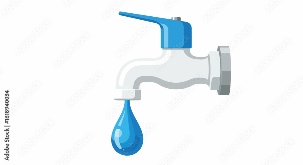 Blue water tap with a dripping drop demonstrates water waste, an illustration of fresh water tap demonstrating efficient plumbing. Dripping water tap signifies water conservation. Blue water tap with a dripping drop demonstrates water waste, an illustration of fresh water tap demonstrating efficient plumbing. Dripping water tap signifies water conservation.