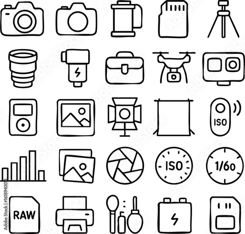 Photography Equipment and Tools Icons Set.