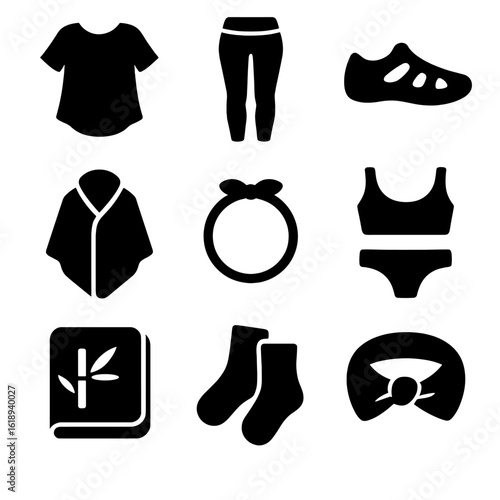 Yoga Attire Icons. Solid, filled icon set of yoga and wellness attire: flowy top, yoga pants, barefoot shoes, meditation shawl,