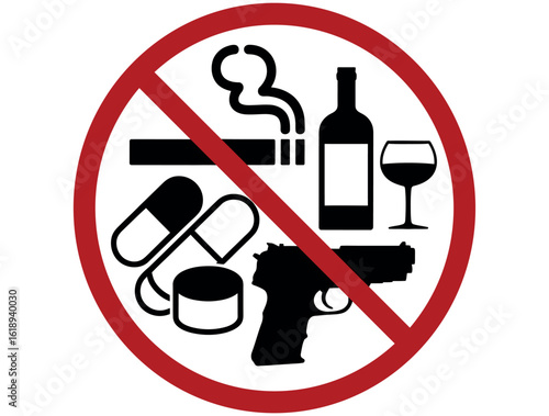 Vector art of a prohibition sign warns against the use of drugs, alcohol, guns, and smoking, highlighting the dangers and risks associated with these harmful substances