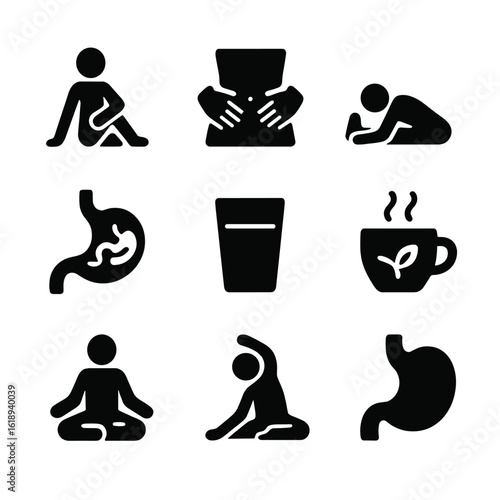Yoga Digestive Icons. Solid, filled icon set of yoga for digestive health: twist pose, abdominal massage, seated forward bend,