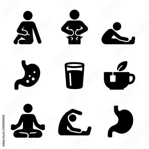 Yoga Digestive Icons. Solid, filled icon set of yoga for digestive health: twist pose, abdominal massage, seated forward bend,