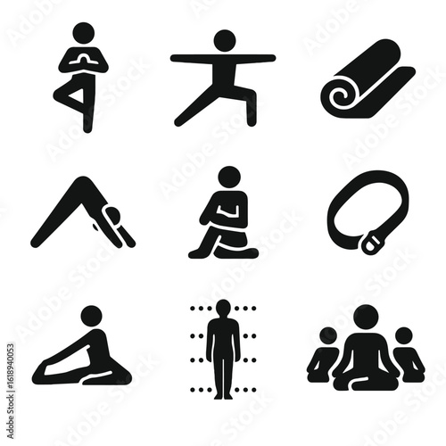 Yoga Icon Grid. Solid, filled icon set of yoga and body alignment: tree pose, warrior pose, yoga mat, downward dog, seated twist,