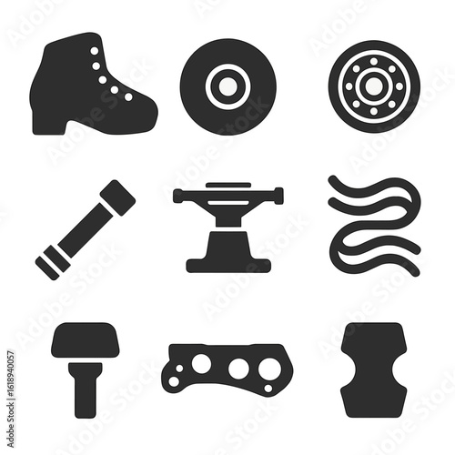 Roller Skate Parts Icons. Solid, filled icons set of roller skate parts: boot shell, wheel, bearing, axle bolt