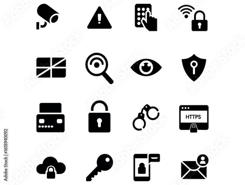 Vector art of a collection of security icons represents various aspects of safety, protection, and privacy, including surveillance, locks, passwords, and internet security measures