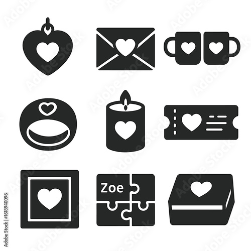Romantic Gift Icons. Solid, filled icons set of romantic custom gifts: heart locket, love letter, couple mugs,