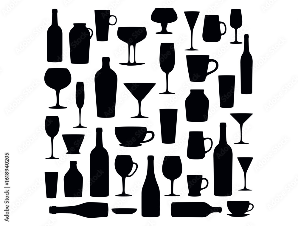 Vector art of a collection of black silhouette illustrations of various glasses and bottles for alcoholic drinks isolated on white background Vector art of a collection of black silhouette illustrations of various glasses and bottles for alcoholic drinks isolated on white background