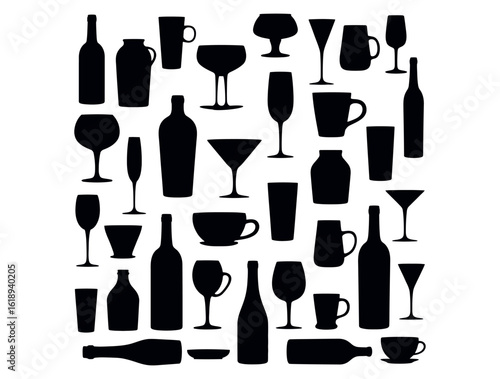Vector art of a collection of black silhouette illustrations of various glasses and bottles for alcoholic drinks isolated on white background