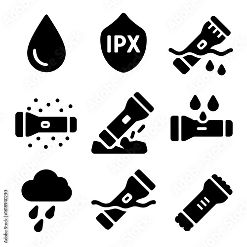 Rugged Flashlight Icons. Solid, filled icons set of waterproof and rugged flashlights: water droplet icon, IPX