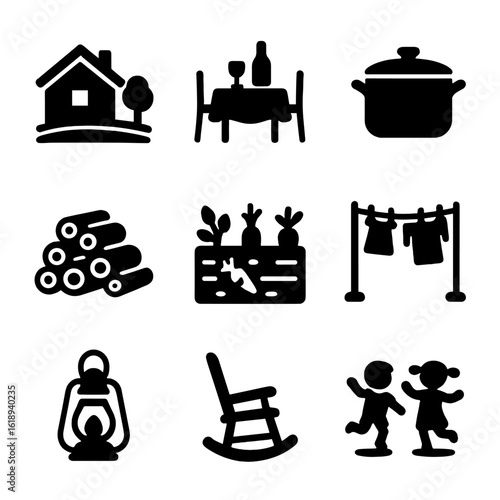 Rural Family Life Icons. Solid, filled icons set of rural family life: farm house, dinner table, home cooking