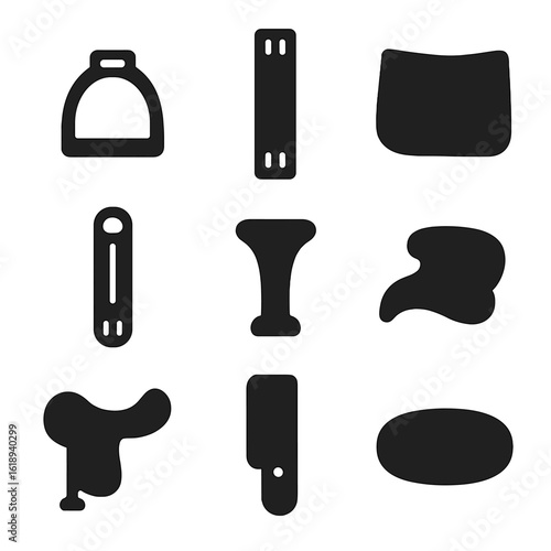 Saddle Accessories Icons. Solid, filled icon set of saddle accessories: stirrup, girth strap, saddle pad, cinch, horn, cantle,