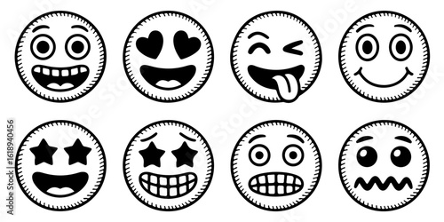 Expressive Emoji Icons Set Featuring Unique and Bold Facial Expressions in Black and White, perfect for various digital platforms.