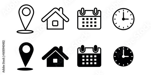 Vector art of a set of location, house, calendar, and clock icons in black and white, isolated on white background
