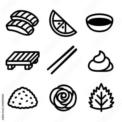 Sashimi Icon Set. Solid, filled icon set of sashimi serving elements: fish slices, lemon wedge, dipping sauce, bamboo plate,