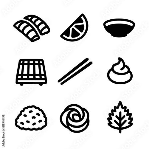 Sashimi Icon Set. Solid, filled icon set of sashimi serving elements: fish slices, lemon wedge, dipping sauce, bamboo plate,