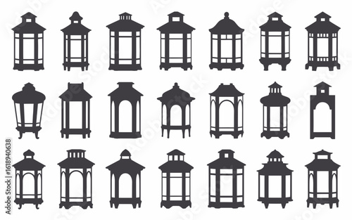 Collection of diverse antique lantern silhouettes isolated on white background