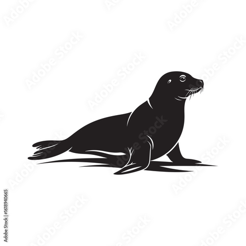 Black Silhouette of a Seal on a White Background