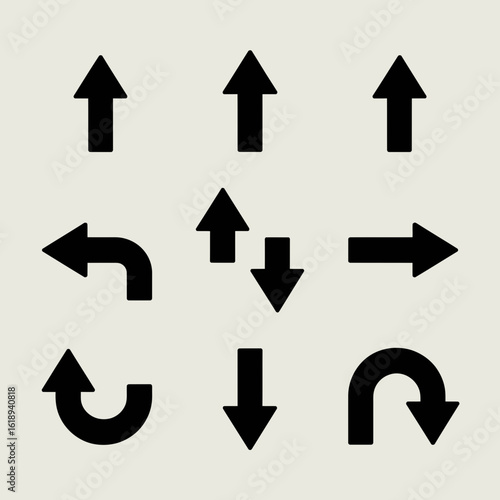 Collection of black arrow silhouettes indicating direction and movement isolated on white background silhouette