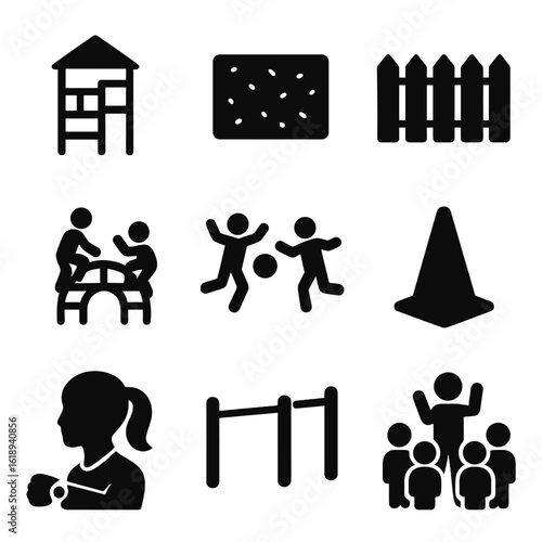 Schoolyard Climbing Icons. Solid, filled icons set of schoolyard climbing zones: structured frame, safety