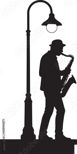 Musician playing saxophone under street lamp vector