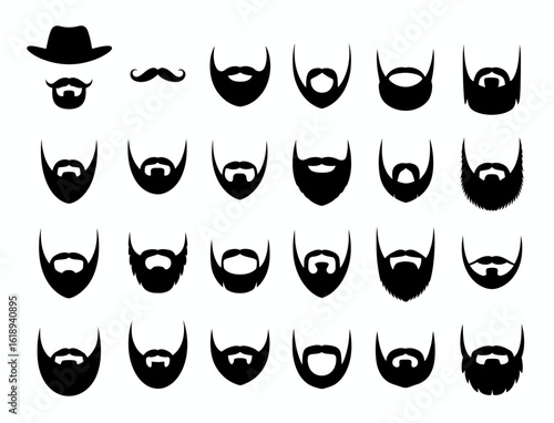 Collection of diverse beard styles and moustaches silhouette isolated on white background