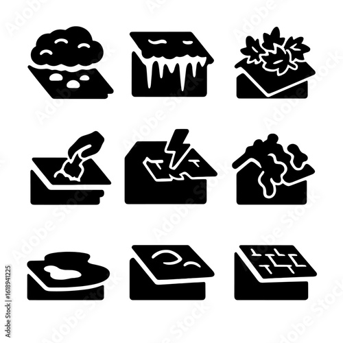 Seasonal Roof Care Icons. Solid, filled icons set of seasonal roof maintenance: snow buildup, ice dam, leaf