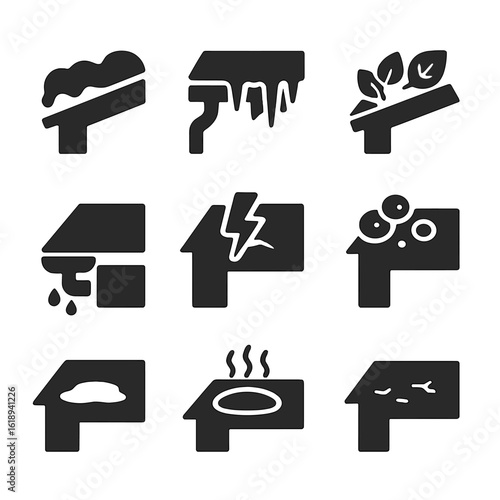 Seasonal Roof Care Icons. Solid, filled icons set of seasonal roof maintenance: snow buildup, ice dam, leaf