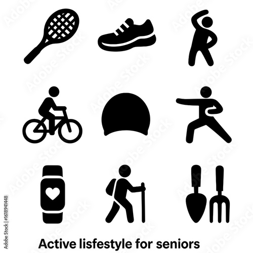 Senior Lifestyle Icons. Solid, filled icons set of active lifestyle for seniors: tennis racket, walking shoes,