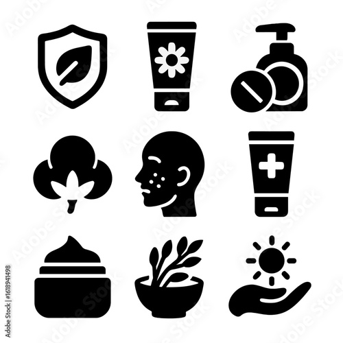 Sensitive Skincare Icons. Solid, filled icons set of sensitive skin care: hypoallergenic label, chamomile balm