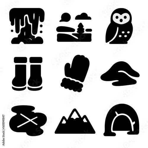 Siberian Icon Set. Solid, filled icon set of Siberia: frozen waterfall, tundra landscape, Siberian owl, winter boots, fur-lined