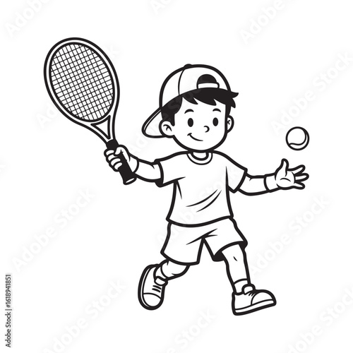 Young Boy Enthusiastically Playing Tennis With Racket and Ball