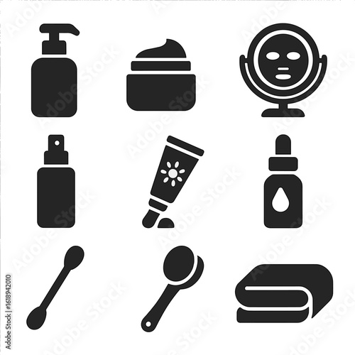 Skincare Routine Icons. Solid, filled icons set of skincare routine by vanity mirror: cleanser bottle,