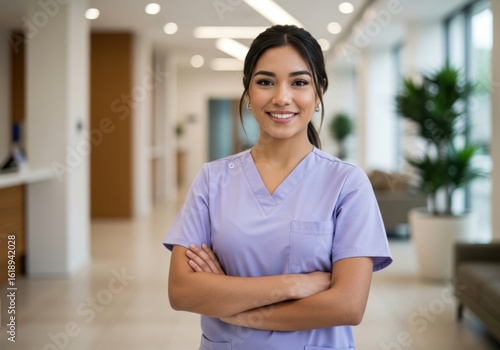 Smiling healthcare professional in scrubs stands confidently with arms crossed in a bright modern medical facility corridor Free Download Smiling healthcare professional in scrubs stands confidently with arms crossed in a bright modern medical facility corridor - GFXLoad