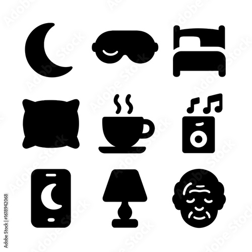 Sleep and Rest Icons. Solid, filled icons set of sleep and rest in later life: moon icon, eye mask, bed with