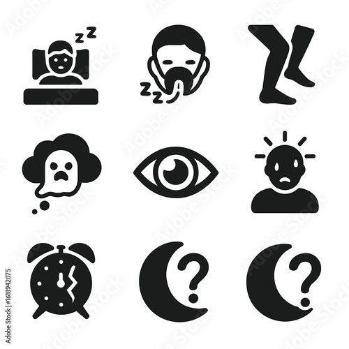 Sleep Disorders Icons. Solid, filled icons set of sleep disorders awareness: insomnia icon, snoring mask,
