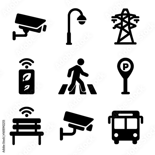 Smart City Icons. Solid, filled icon set of smart city infrastructure: traffic camera, street lamp, power grid, environmental