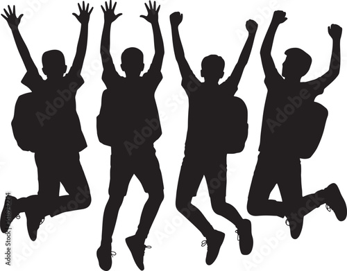Silhouette of Four Students Jumping with Backpacks Against a Transparent Background
